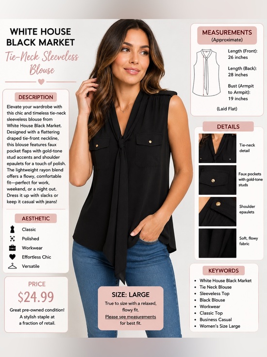 White House Black Market Tops - White House Black Market Black Sleeveless Tie-Neck Blouse